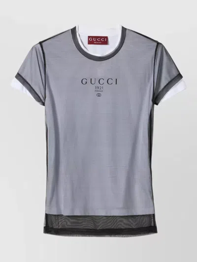 GUCCI SHEER OVERLAY CREW NECK TOP CONTRAST TRIM