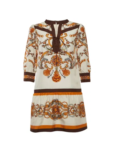 Pre-owned Gucci Shell-print Lace-fastening Mini Dress In Neutral