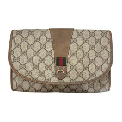 Pre-owned Gucci Sherry Line Beige Brown Gg Supreme Clutch Bag () In Multi