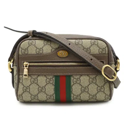 Pre-owned Gucci Sherry Line Beige Brown Green Khaki Red Color Gg Supreme Pochette Shoulder Bag ()