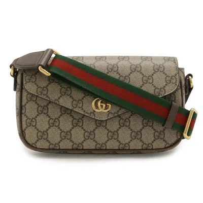 Pre-owned Gucci Sherry Line Beige Green Red Color Gg Supreme Leather Pochette Shoulder Bag ()