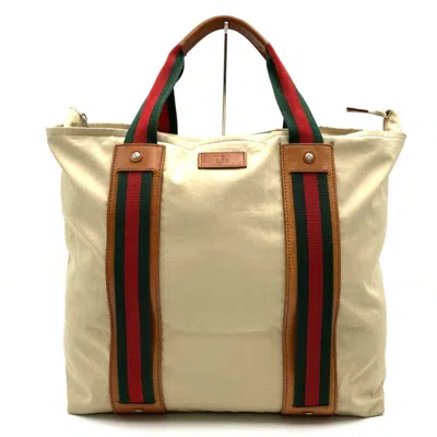 Pre-owned Gucci Sherry Line Beige Polyester Leather Tote Bag () In Sand