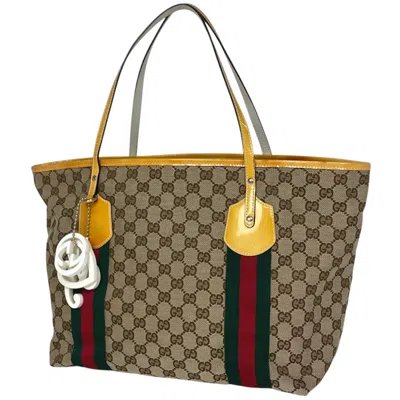 Pre-owned Gucci Sherry Line Beige Yellow Gg Canvas Patent Leather Tote Bag () In Multi