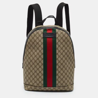 Pre-owned Gucci Sherry Line Beige/black Gg Supreme Canvas And Leather Backpack In Sand