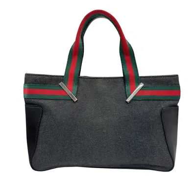 Pre-owned Gucci Sherry Line Black Denim Leather Handbag Tote Bag ()