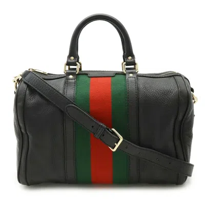 Pre-owned Gucci Sherry Line Black Green Red Color Leather Handbag Shoulder Bag ()