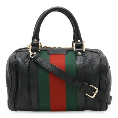 Pre-owned Gucci Sherry Line Black Green Red Color Leather Handbag Shoulder Bag () In Multi