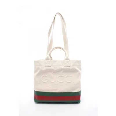 Pre-owned Gucci Sherry Line Green Ivory Red Color Canvas Tote Bag ()
