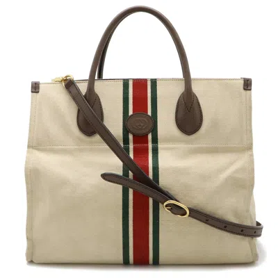 Pre-owned Gucci Sherry Line Green Light Beige Red Color Canvas Leather Shoulder Bag Tote Bag ()