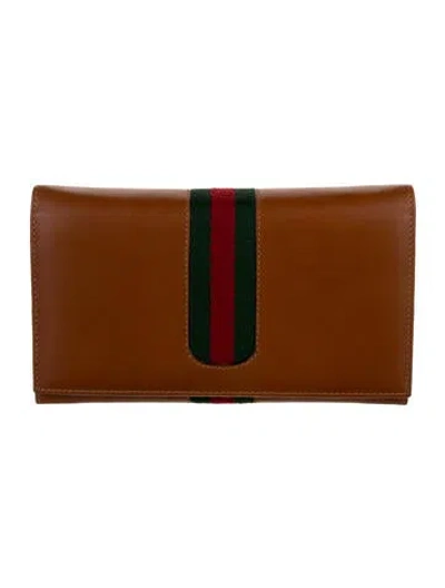 Pre-owned Gucci Sherry Line Leather Long Wallet Web Accent Continental Wallet In Brown