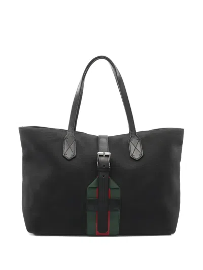 Pre-owned Gucci Sherry Line Leather Tote Bag In Black