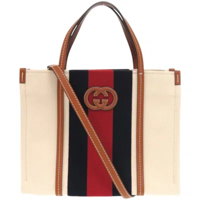 Pre-owned Gucci Sherry Line Navy Red Color White Canvas Tote Bag ()