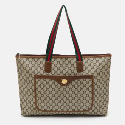 Pre-owned Gucci Sherry Line Web Beige Gg Plus Supreme Canvas Shopper Tote In Sand