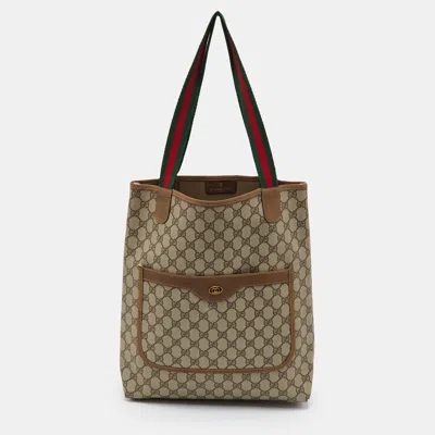 Pre-owned Gucci Sherry Line Web Beige Gg Supreme Canvas Tote In Sand
