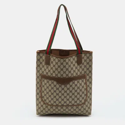 Pre-owned Gucci Sherry Line Web Beige Gg Supreme Canvas Tote In Sand