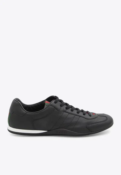 Gucci Men Black Low Top Sneakers With Web Tongue In Leather Man