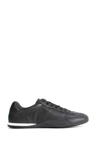 Gucci Men Black Low Top Sneakers With Web Tongue In Leather Man
