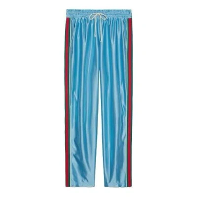 Gucci Shiny Jersey Jogging Pant With Web 'azure' In Blue