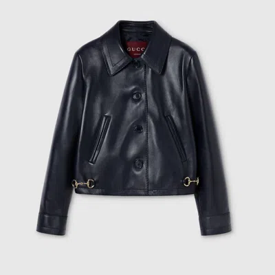 Gucci Shiny Leather Jacket With Horsebit In Blue