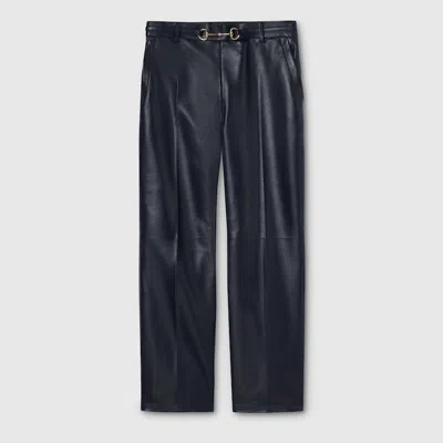 Gucci Shiny Leather Pants With Horsebit In Blue