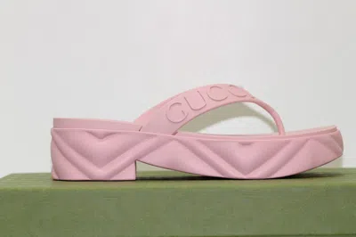Pre-owned Gucci Shiny Rubber Wild Rose Platform Shoe Slide Thong Sandal Size 38 In Pink