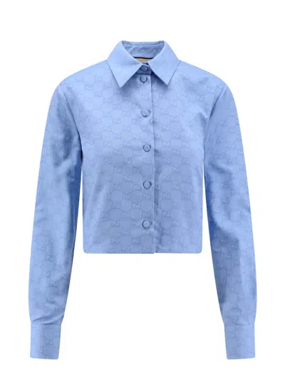 Gucci Gg Cropped Cotton Oxford Shirt In Blue