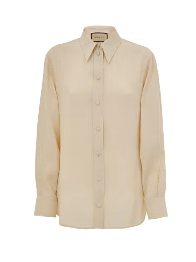 Gucci Shirt In Silk Beige Print Horsebit  In Neutral