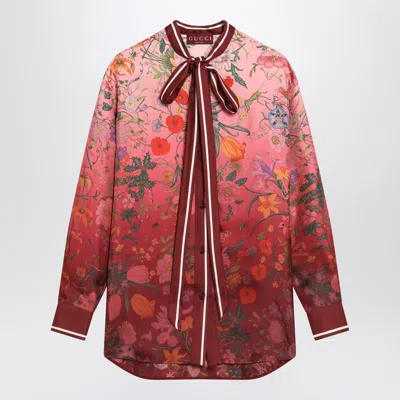 Gucci Shirt With Bow And Floral Print In Silk Women In Pink