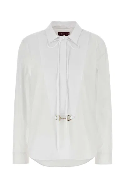 Gucci White Shirt With Pointed Collar With Tie Detail And Horsebit In Cotton Woman
