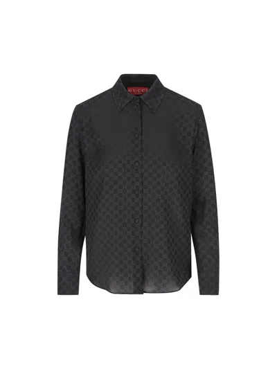 Gucci Monogram-pattern Satin-texture Regular-fit Silk Shirt In Black