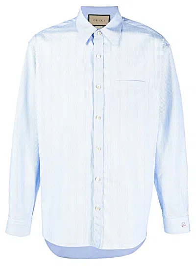 Gucci Men Cotton Shirt With Logo In Blue