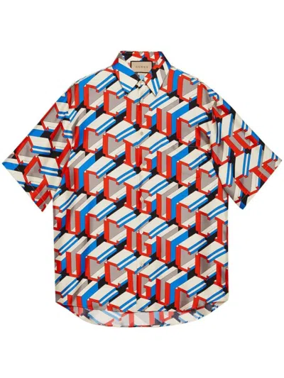 Gucci Logo Pixel-print Shirt In Ivory/red/mc