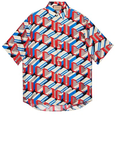 Gucci Pixel Print Silk Shirt In Red