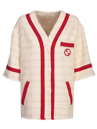 Gucci Interlocking G Textured Tweed V-neck Jacket In White