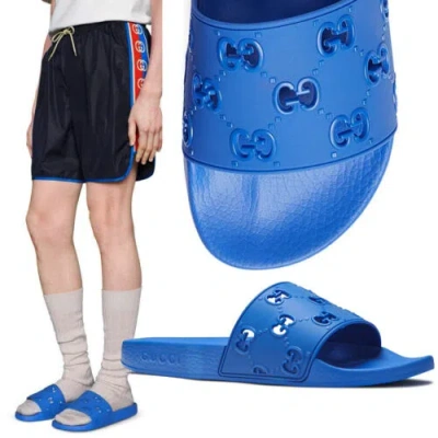 Pre-owned Gucci Shoes Mens Pursuit Blue Rubber Cut Out Gg Logo Slide Sandals 10g / Us 10.5