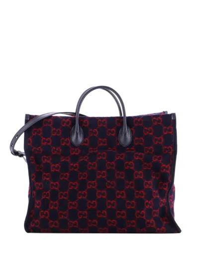 Pre-owned Gucci Shopping Gg Wool Large Tote Bag In Blue