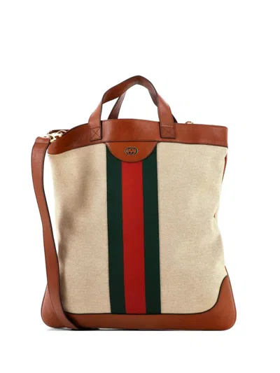 Pre-owned Gucci Shopping Vintage Web Canvas Large Tote Bag In Neutral