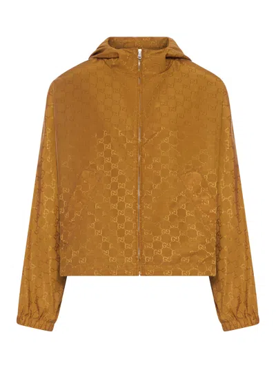 Gucci Short Jacket In Technical Jacquard Fabric With All-over Gg Pattern In Brown