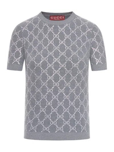 Gucci Short Sleeve Shirt With Rhinestones In Gray