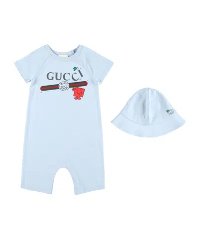 Gucci Short-sleeved Bodysuit And Hoodie Two-piece Set In Blue