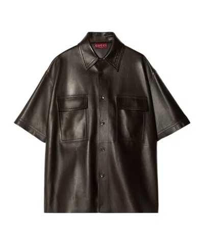 Gucci Short-sleeved Leather Shirt In Black