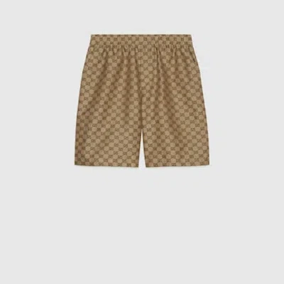 Gucci Men Beige Bermuda Shorts With Elastic Waist And All-over Gg Motif In Linen Blend Man In Brown