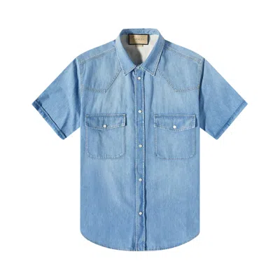 Pre-owned Gucci Short-sleeve Denim Shirt 'blue' | Men's Size 46