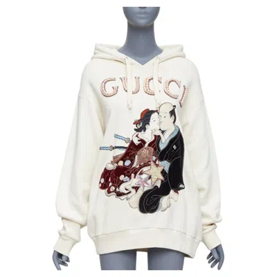 Pre-owned Gucci Shunga Geisha Lover Cream Embroidery Pearl Embellished Hoodie M In White