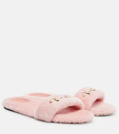 Gucci Siaga Horsebit Shearling Slides In Pink