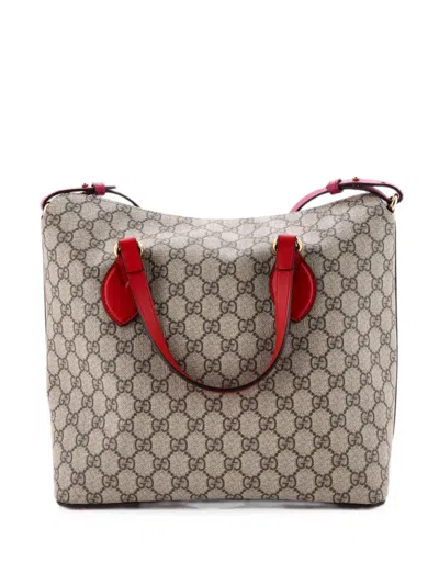 Pre-owned Gucci Signature Fold Over Tote Gg Coated Canvas With Leather Medium Satchel In Brown