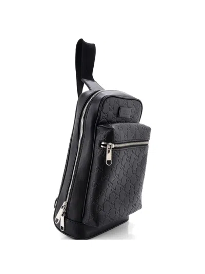 Pre-owned Gucci Signature Slim Crossbody Bag Ssima Leather Small Backpack In Black