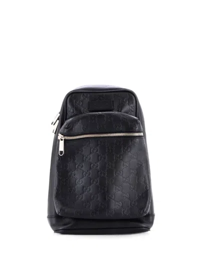 Pre-owned Gucci Signature Slim Crossbody Bag Ssima Leather Small Backpack In Black
