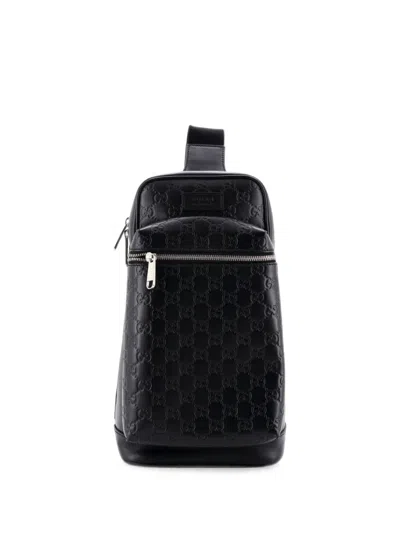 Pre-owned Gucci Signature Slim Crossbody Bag Ssima Leather Small Backpack In Black
