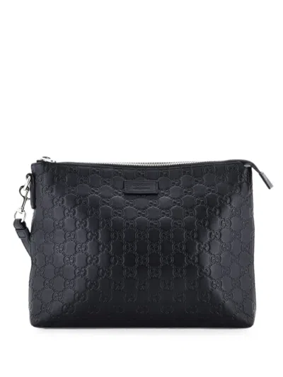 Pre-owned Gucci Signature Soft Wristlet Ssima Leather Clutch Bag In Black